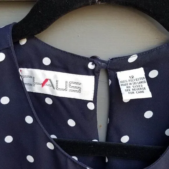Chaus Navy/White Polka Dot Long Sleeve Blouse Size 12 - Picture 2 of 6